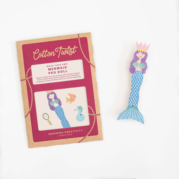 Mermaid peg doll kit with packaging on a white background