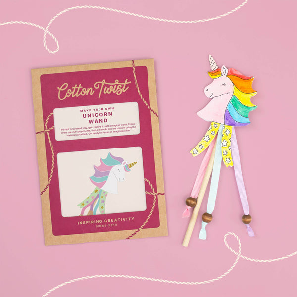 Cotton Twist unicorn wand kit on a pink background