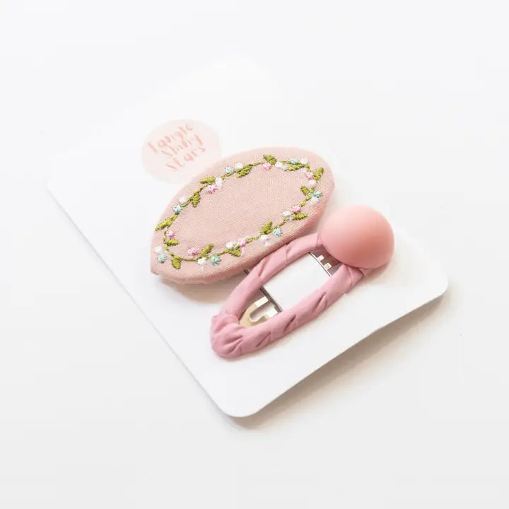 Tangle Shiny Stars - Oval Embroidered Floral Snap Hair Clips | Light Pink