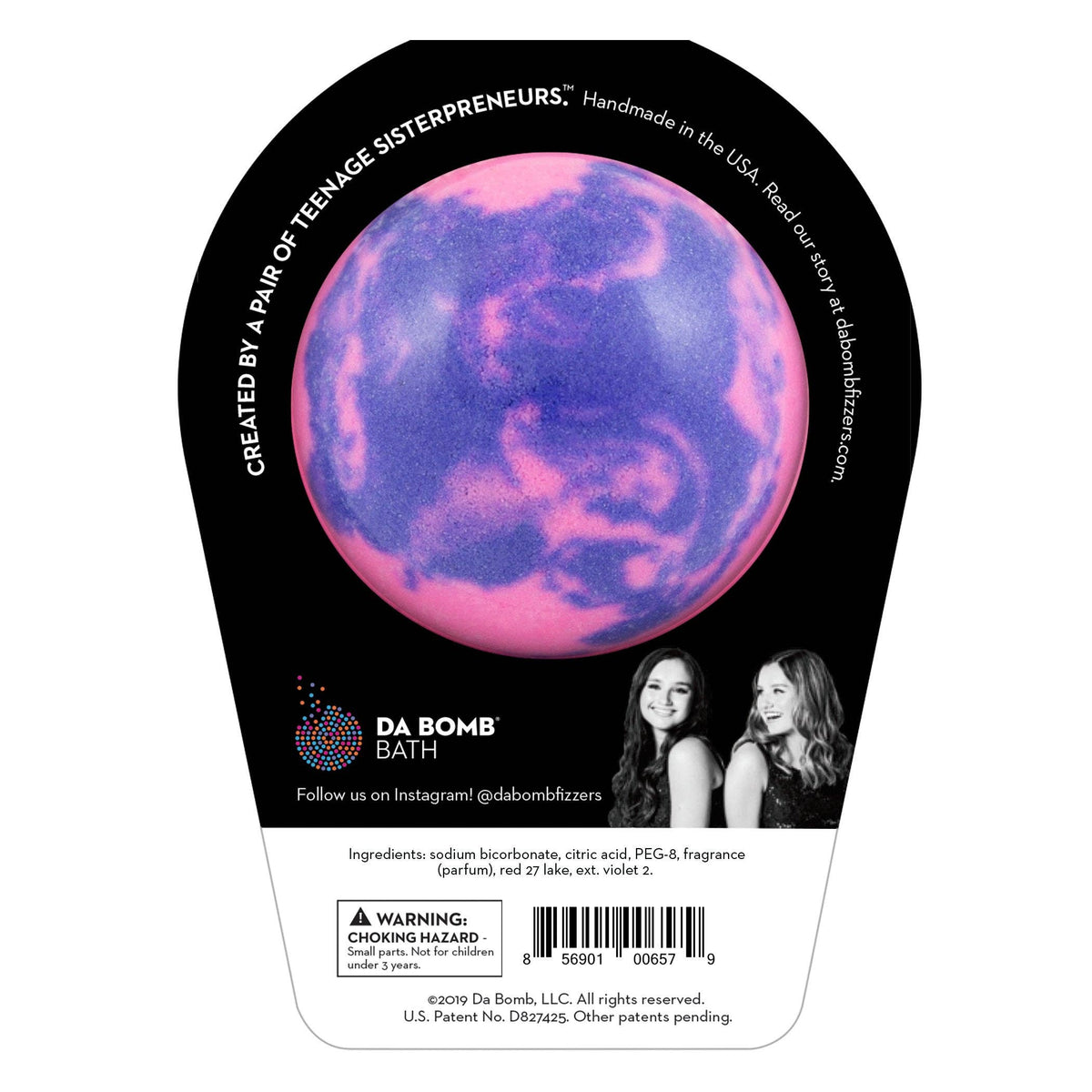 DA BOMB Bath product packaging with pink and purple design on a white background