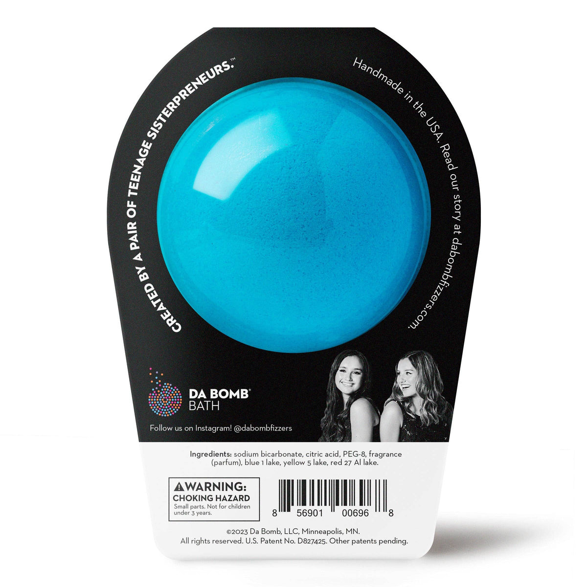 Blue ball with black packaging featuring 'DA BOMB' branding on a white background