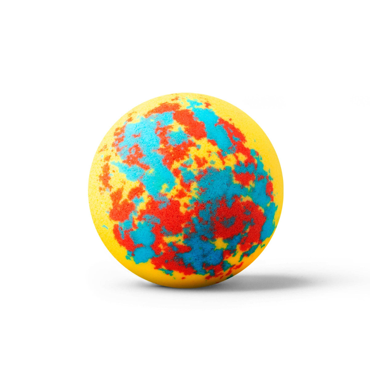 Colorful ball with red, blue, and yellow pattern on a white background