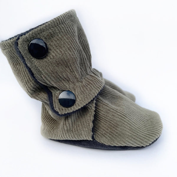 Olive Corduroy Baby Boots Black Rubber