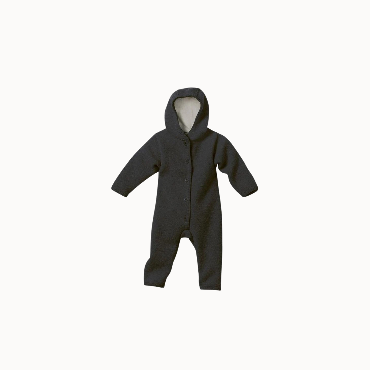 A dark charcoal gray hooded baby snowsuit or one-piece romper with long sleeves and legs, shown against a plain off-white background.