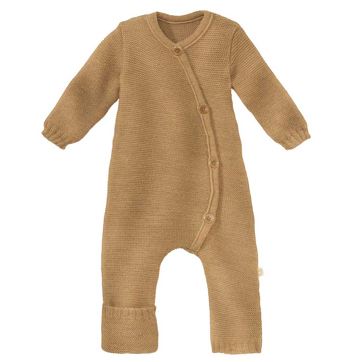 A beige knitted merino wool baby overall with a button placket and foldable cuffs.