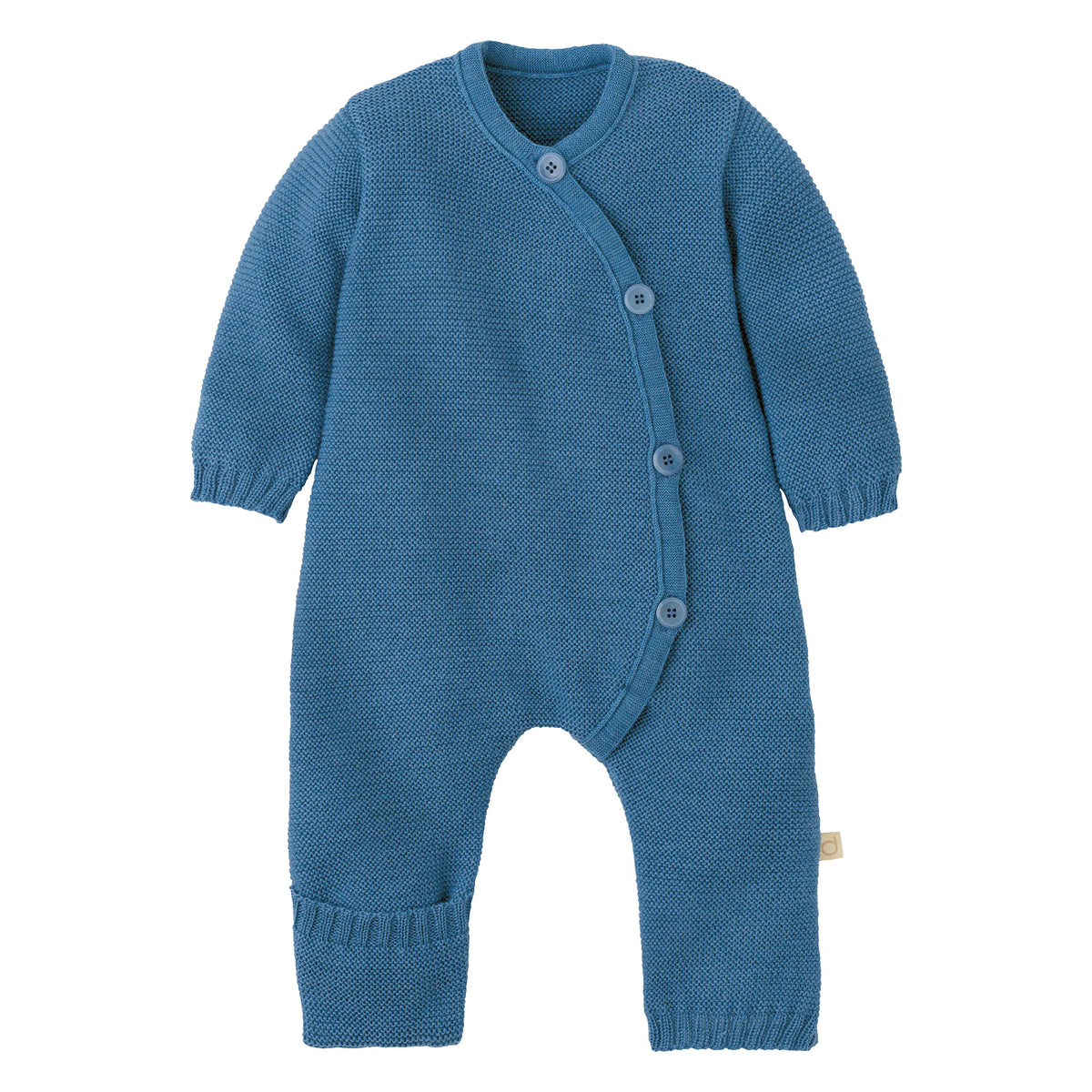 Blue knitted baby romper with buttons on a white background