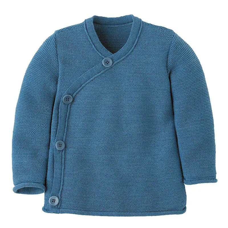 Blue knitted baby cardigan with buttons on a white background