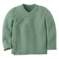 Green baby cardigan with buttons on a white background
