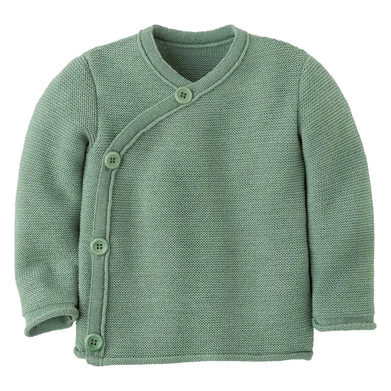 Green baby cardigan with buttons on a white background