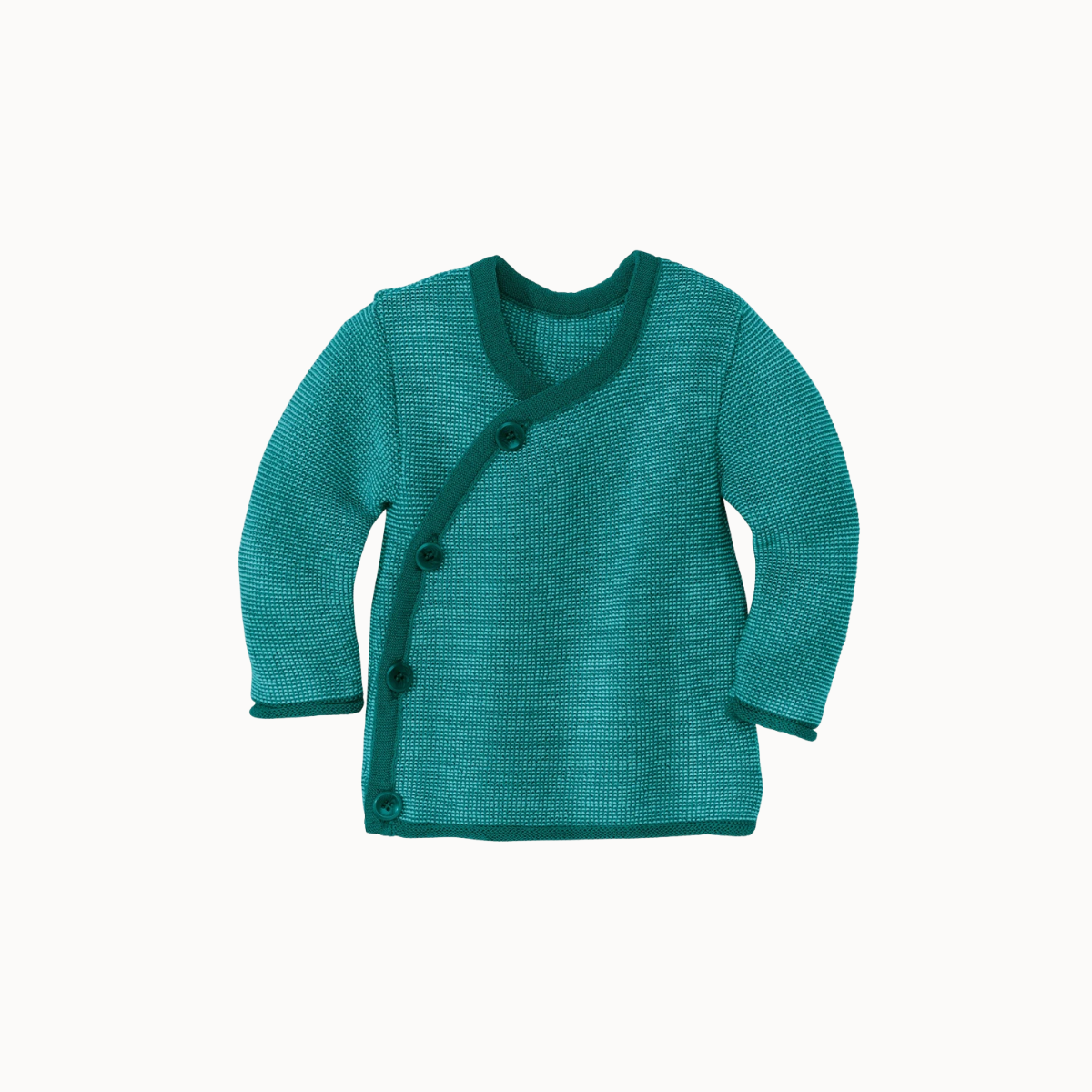 A teal green textured knit baby cardigan with a diagonal button closure, long sleeves, and ribbed trim, shown on a plain off-white background.