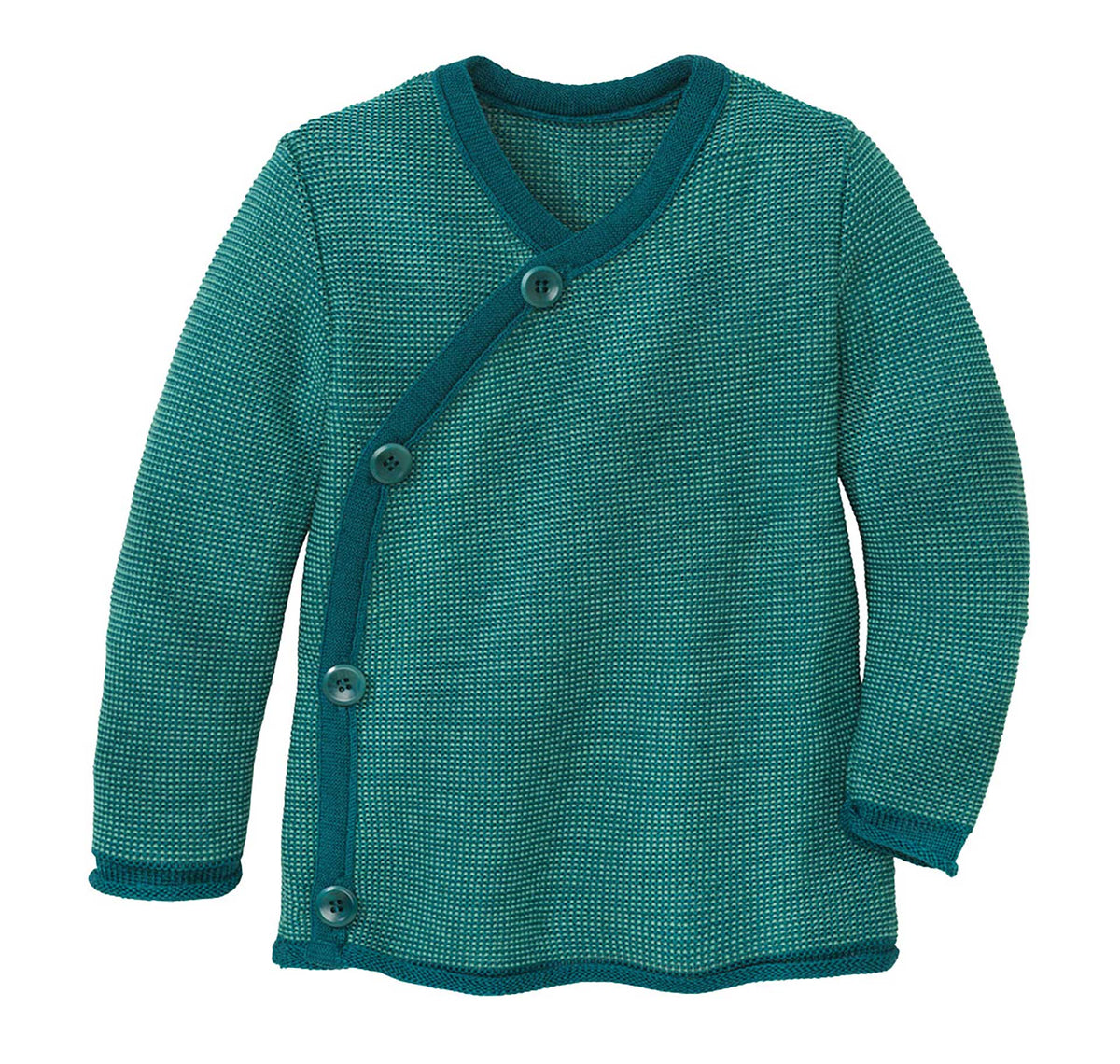 A teal green textured knit baby cardigan with a diagonal snap closure, long sleeves, and ribbed trim, shown against a plain white background.
