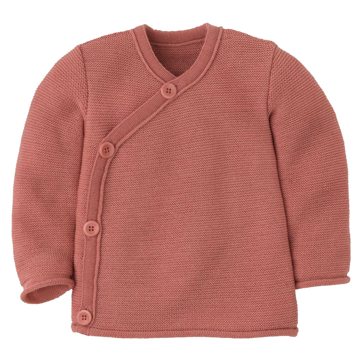 Pink knitted baby cardigan on a white background