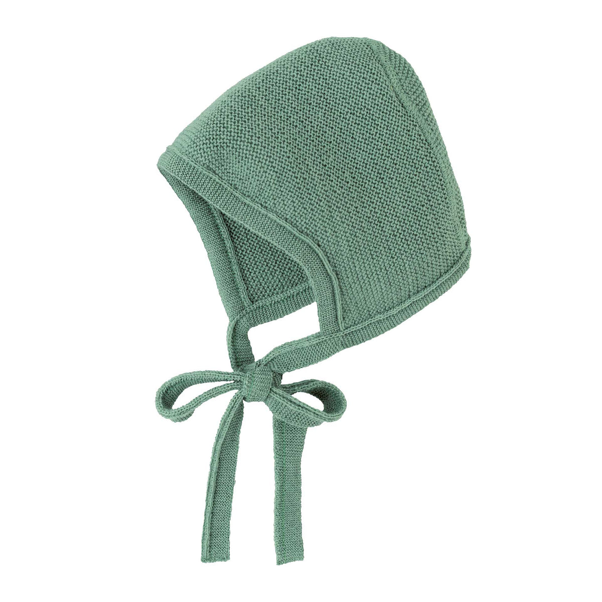 Green knitted bonnet on a white background