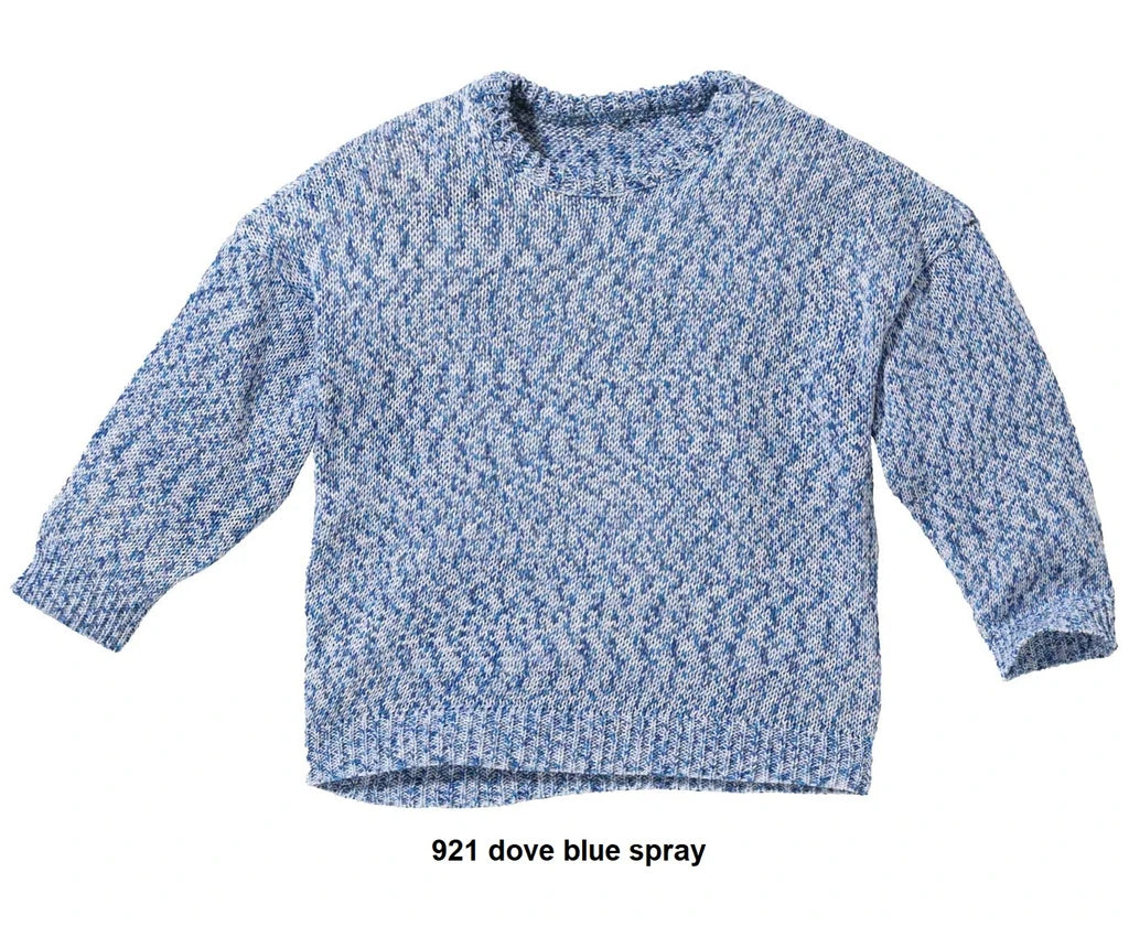 A long-sleeve knit sweater with a textured, speckled pattern in blue, navy, and subtle pastel tones, shown against a plain off-white background.