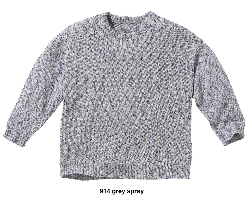 A long-sleeve knit sweater with a textured, speckled pattern in grey, white, and subtle pastel tones, shown against a plain off-white background.