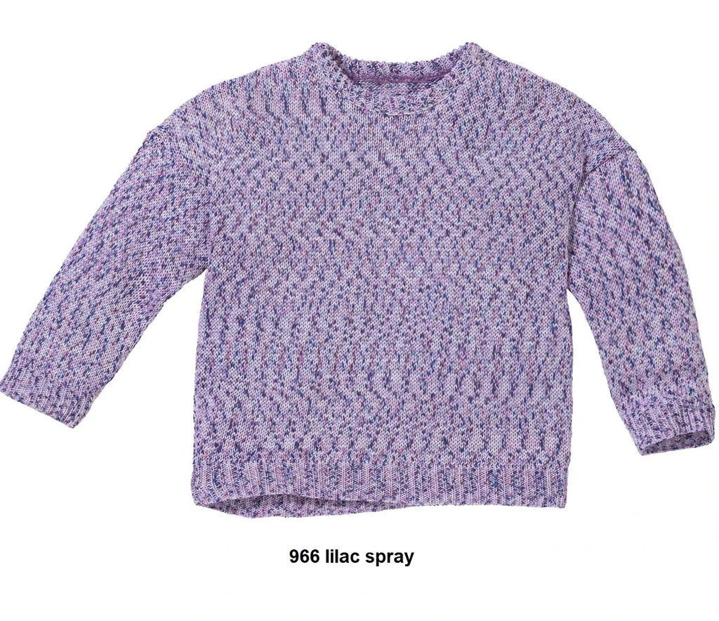 A long-sleeve knit sweater with a textured, speckled pattern in purple, lilac, and subtle pastel tones, shown against a plain off-white background.