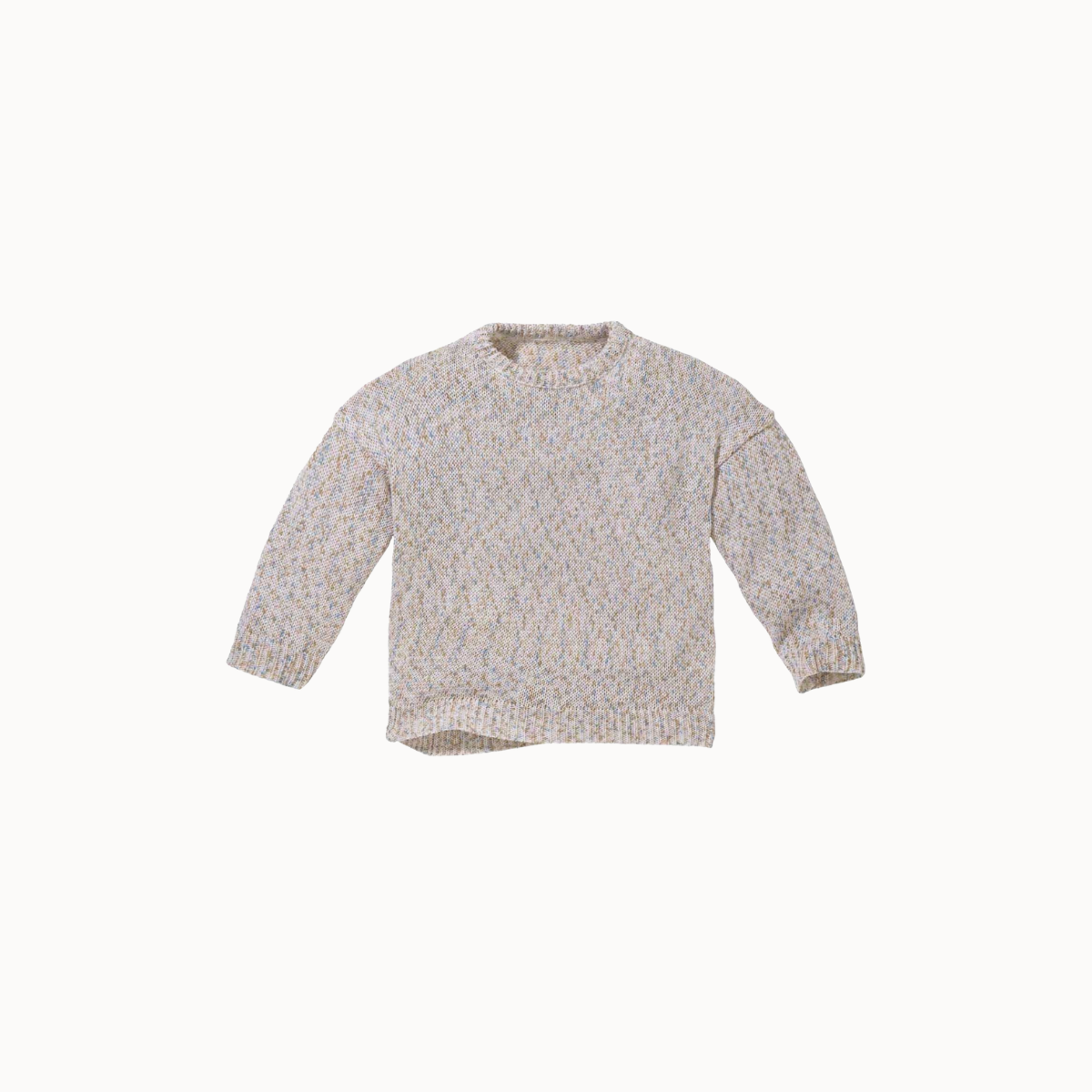 A long-sleeve knit sweater with a textured, speckled pattern in beige, white, and subtle pastel tones, shown against a plain off-white background.