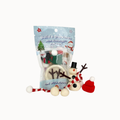 Build a Snowman mini kit with dog treats, shown with the printed packaging bag and the assembled snowman toy in front on a plain white background.