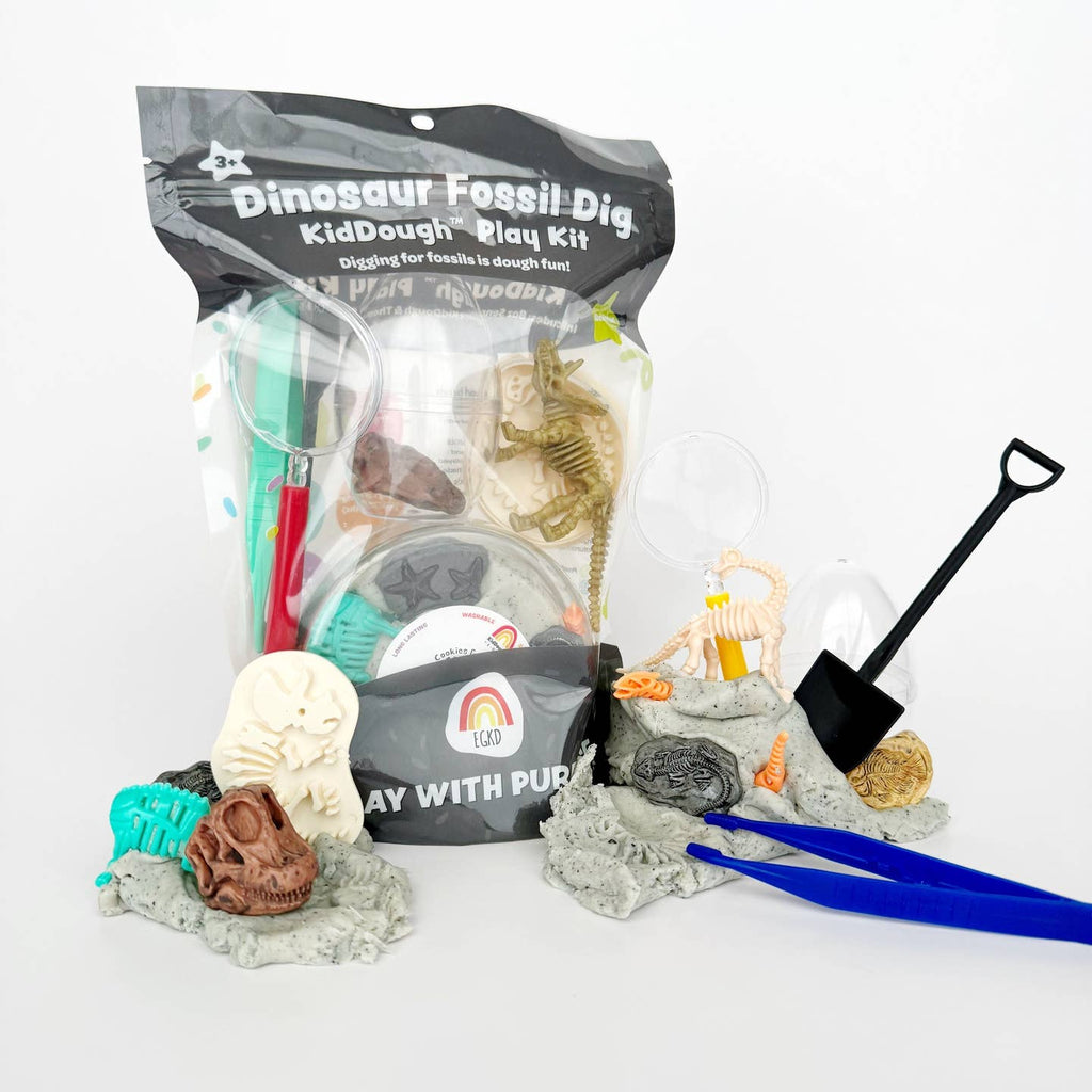 Dinosaur Fossil Dig KidDough Play Kit with tools on a white background