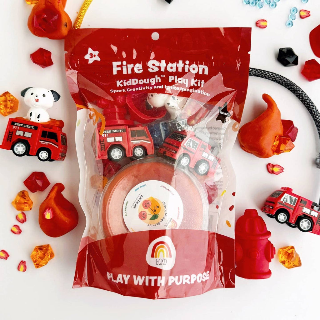 Fire Station KidDough Play Kit packaging with toys on a white background