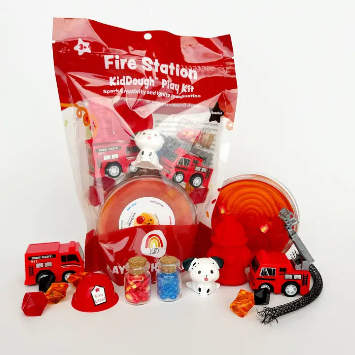 Fire Station KidDough Play Kit with toys and packaging on a white background