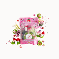 A pink 'Bunny Berry Village Kid's Dough Play Kit' bag surrounded by decorative craft elements like mini mushroom houses, kiwi slices, and small figurines on a plain white background.