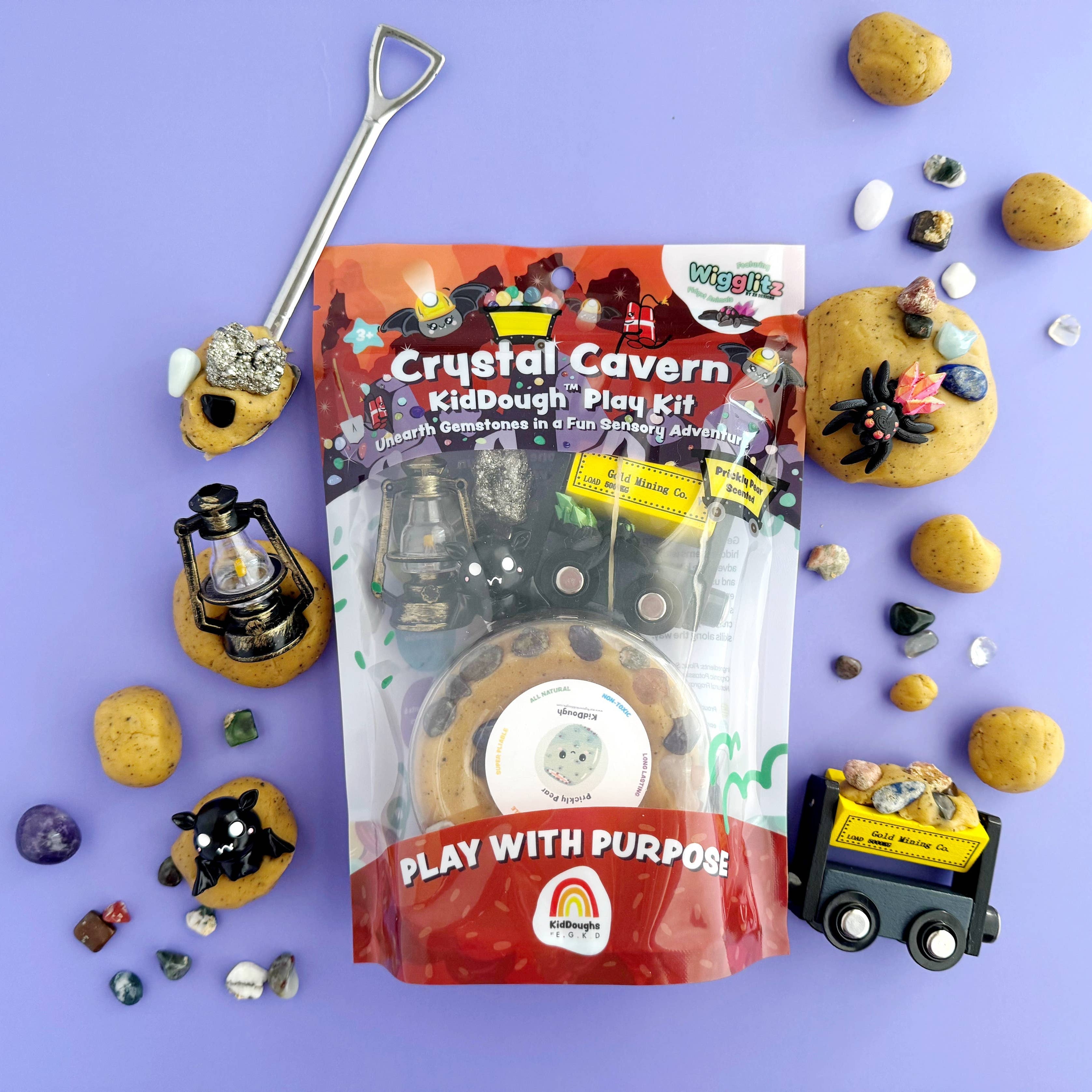 Crystal Cavern KidDough Play Kit with play materials on a purple background