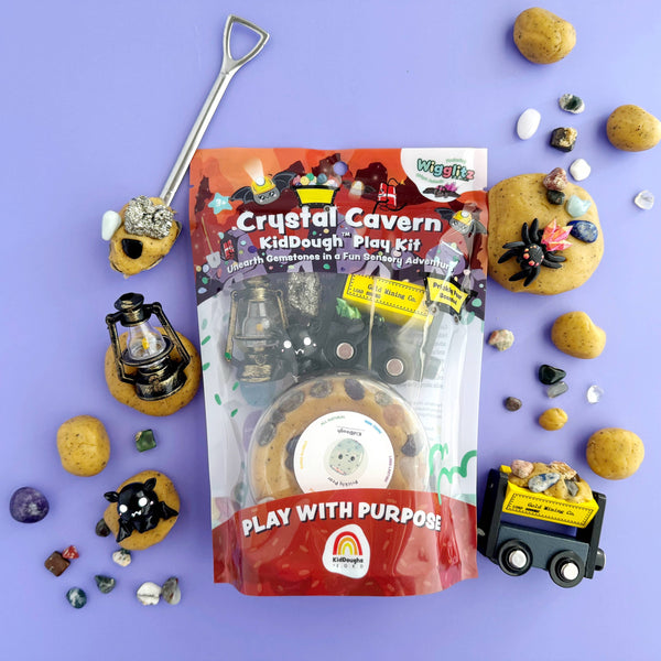 Crystal Cavern KidDough Play Kit with play materials on a purple background