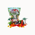 A bag of Dino Volcano KidDeough Pie Pits toy set displayed on a clean white background, surrounded by its included volcano, lava, rocks, and small dino figures.