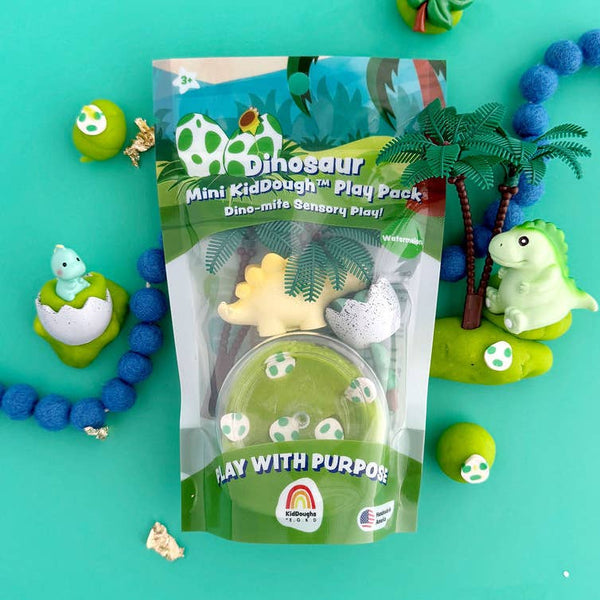 Dinosaur-themed mini kid dough play pack with toys on a teal background