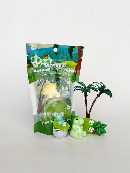 Dinosaur-themed mini kiddough play set with packaging on a white background
