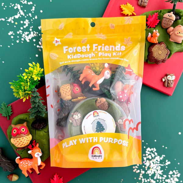 Forest Friends KidDough Play Kit packaging with play dough items on a colorful background