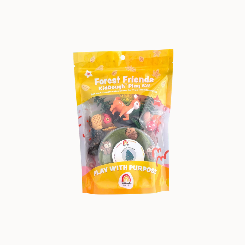 Forest Friends KidDough Play Kit in a yellow resealable pouch with a clear window showing colorful forest-themed play pieces inside, on a light gray background.