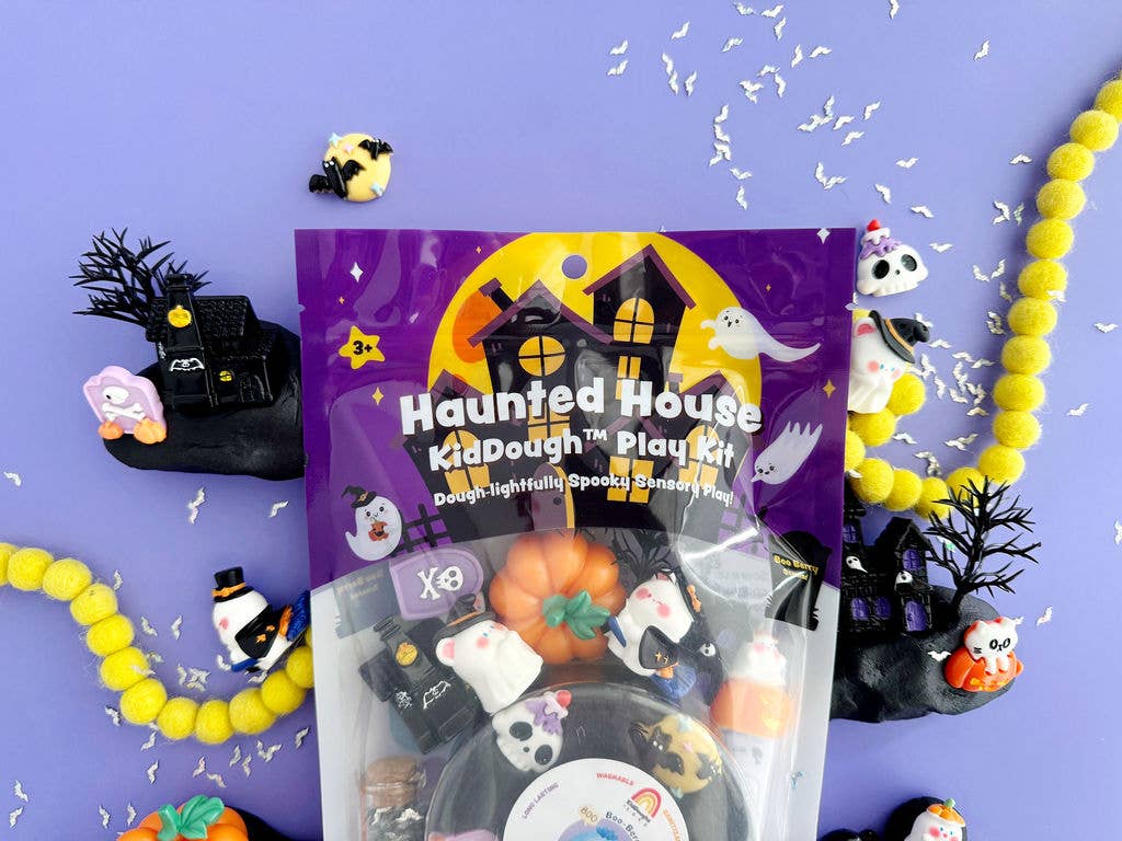 Haunted House Kidough Play Kit packaging with Halloween-themed decorations on a purple background
