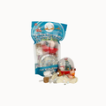 Holiday Snowglobes with Snowmobiles in a clear stand-up pouch with a blue printed label, shown next to a completed snowglobes display featuring a small snowmobile, reindeer, and snowy terrain on a white background.