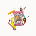 A colorful toy set arranged around a pink bag labeled 'Play with Purpose' on a plain white background. The set includes a yellow toy banana, a pink spoonful of beads, a small cherry, a brown ice cream cone toy, a yellow syringe-like tool, and other small accessories.