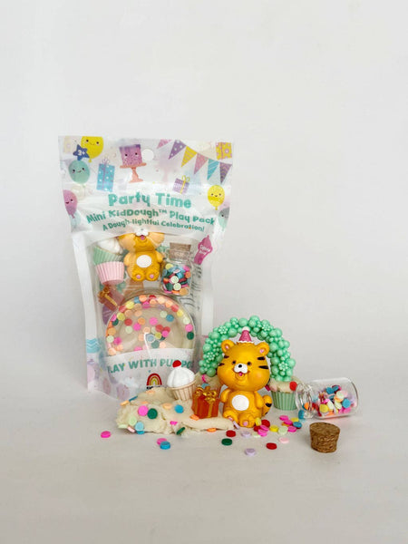Party-themed play pack with toys and accessories on a white background