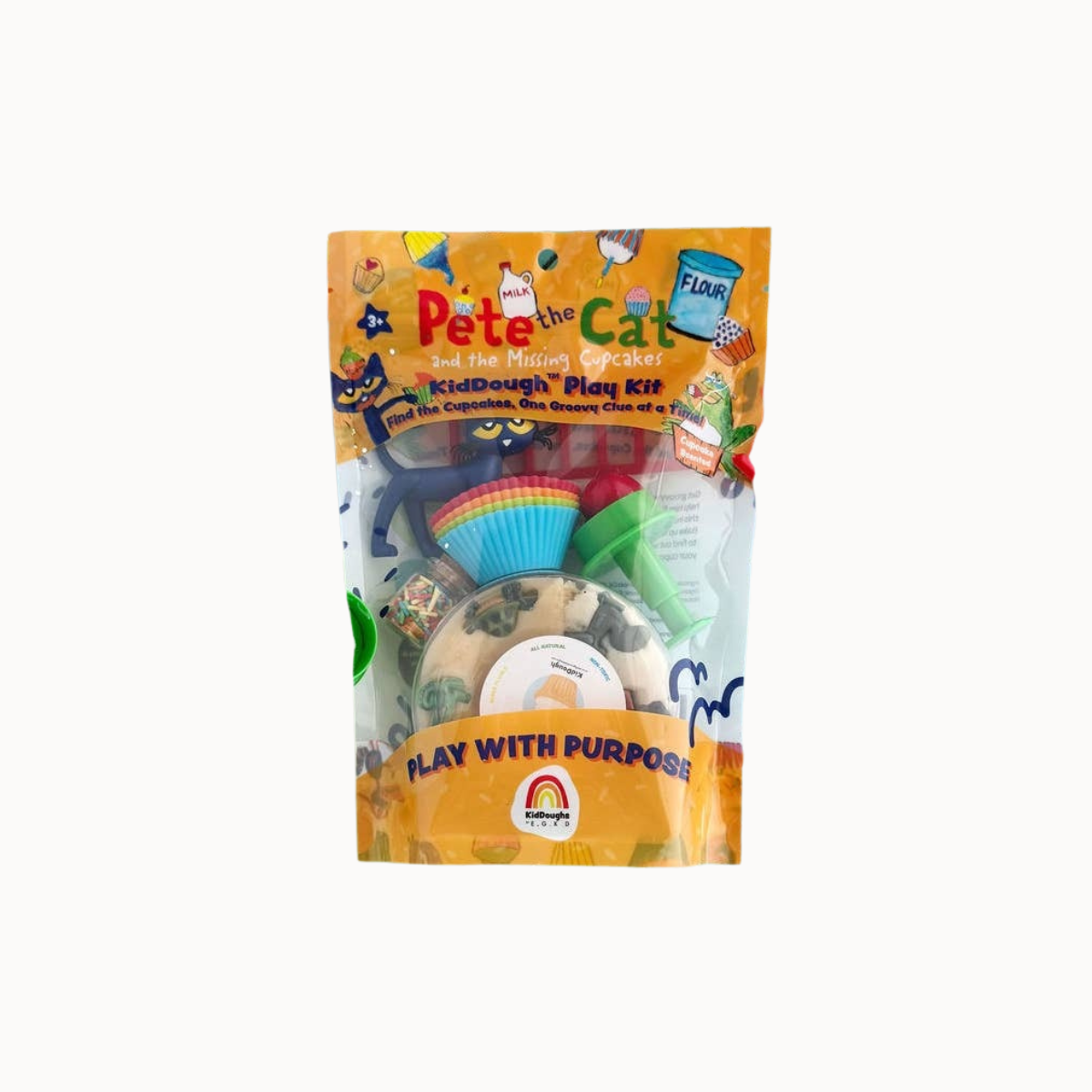 Pete the Cat Kid Dough Play Kit in its original packaging, featuring a clear window showing the various play dough colors and shapes inside.