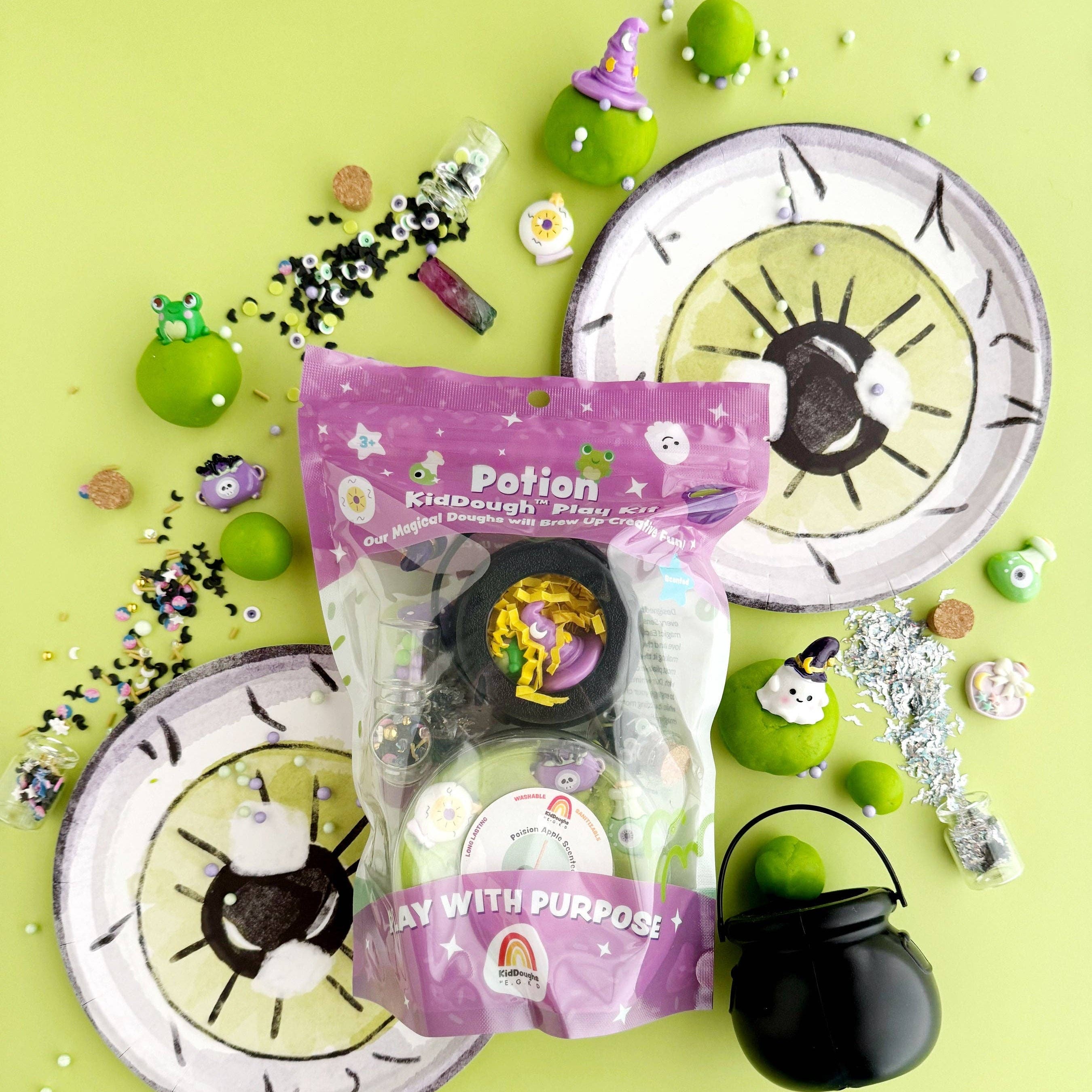 Halloween-themed product with potion bottle, cauldron, and decorative elements on a green background