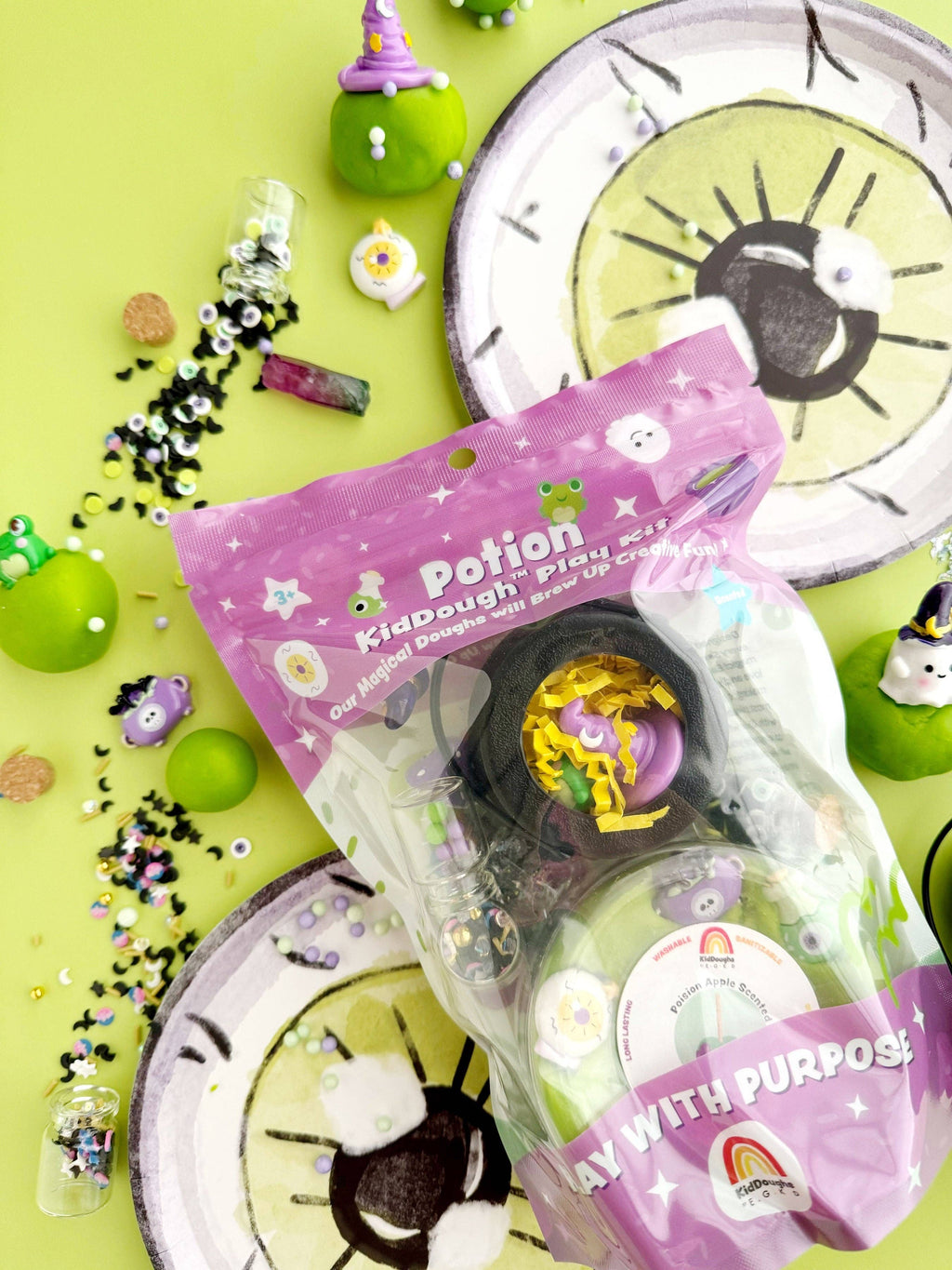 Product packaging with a purple label on a green background