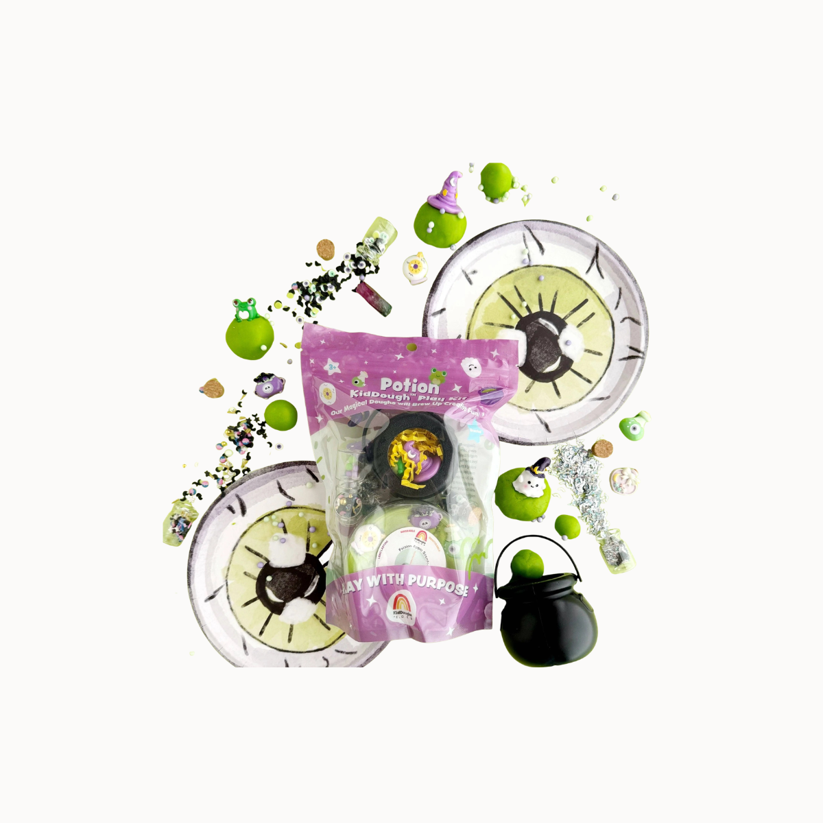 A Halloween-themed slime bag labeled 'Potion of Mystery' in purple packaging, surrounded by decorative props including two clock faces, green apples, glitter, a small black cauldron, and scattered slime pieces on a plain white background.