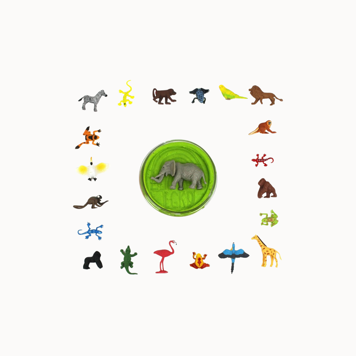 A circular green container with an elephant figure inside, surrounded by small colorful animal figurines arranged in a circle on a white background.