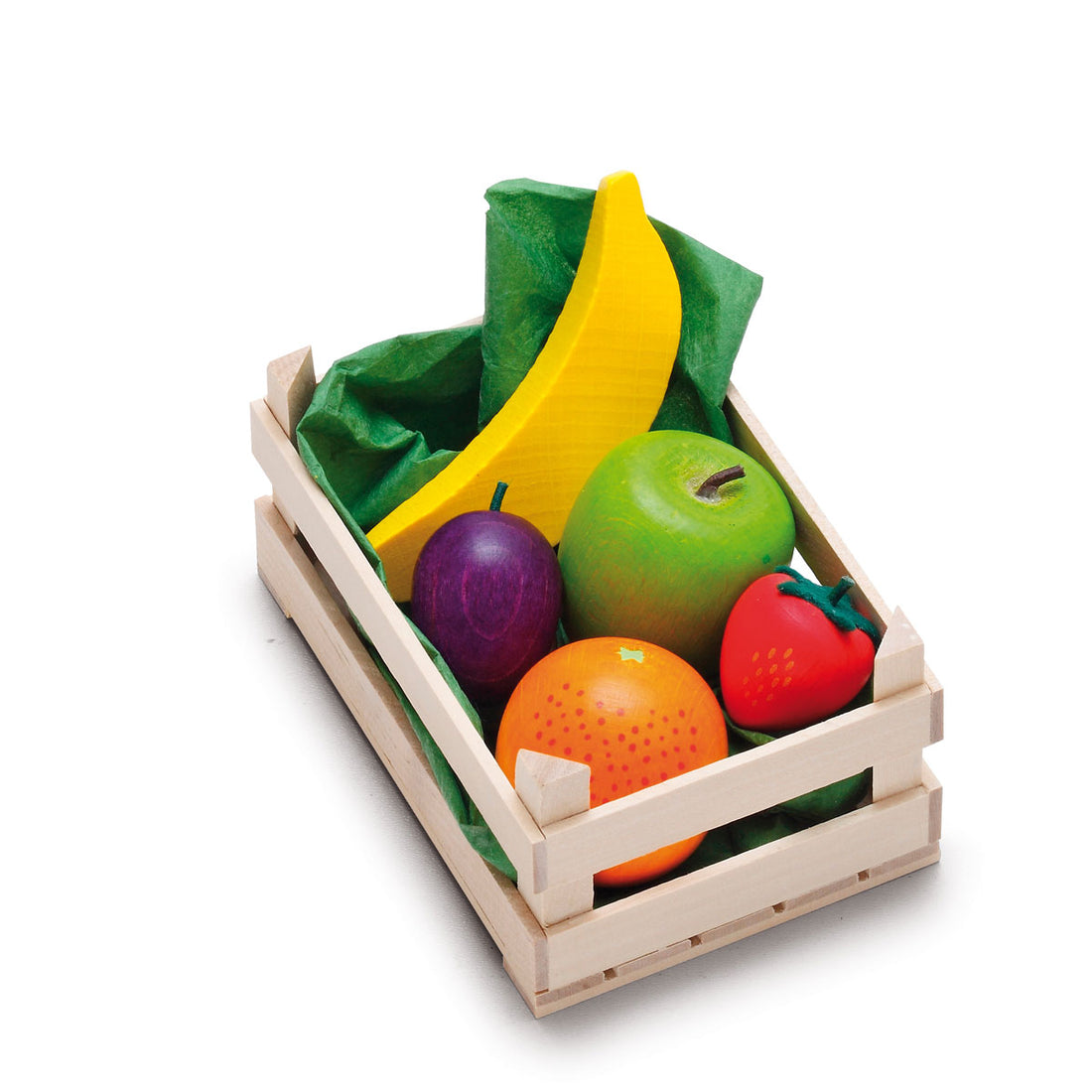 Toy fruit set in a wooden crate on a white background