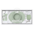 Mint green baby feeding set with bowl, spoon, and cup in packaging on a white background