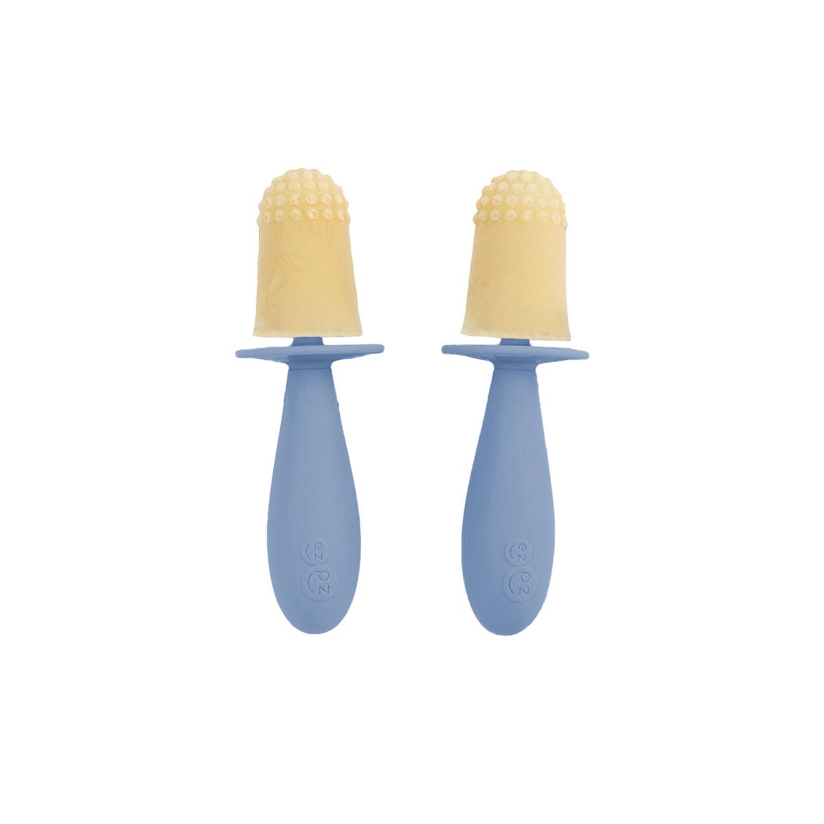 Two baby teething toys with blue handles and beige silicone ends on a white background