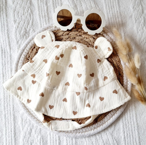 Muslin Baby Hat - Beige with Hearts