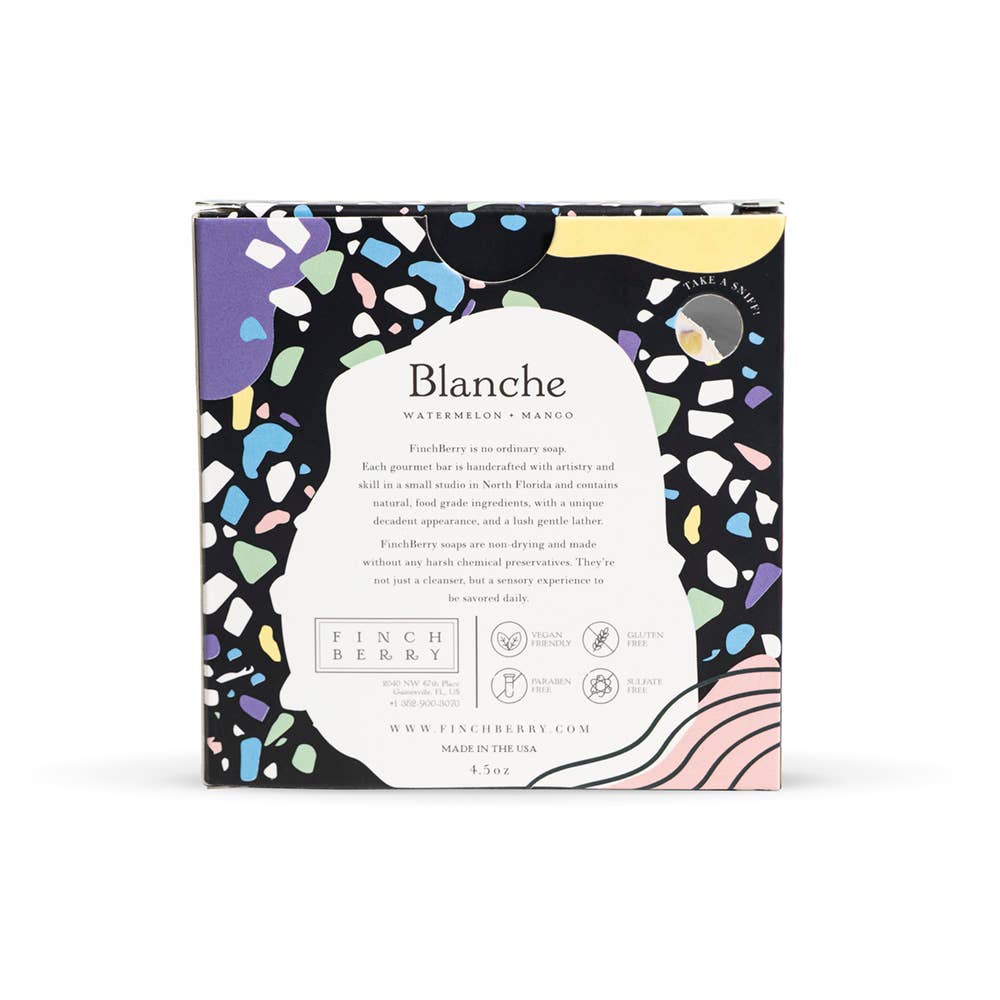 Packaging of Finch Berry soap bars with colorful abstract design on a white background