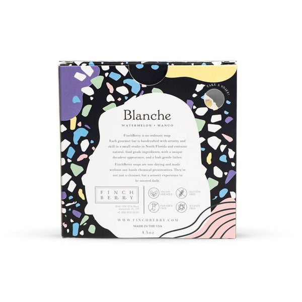 Packaging of Finch Berry soap bars with colorful abstract design on a white background