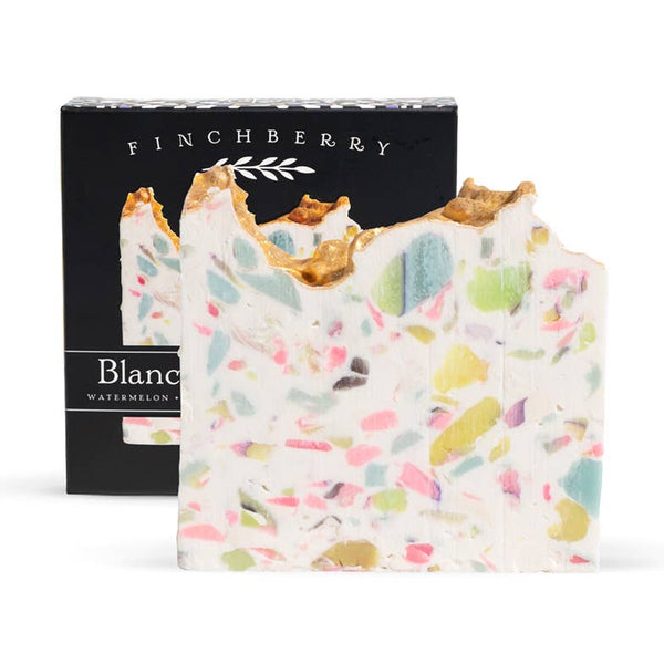 Colorful terrazzo-style soap with 'Finchberry' branding on a white background