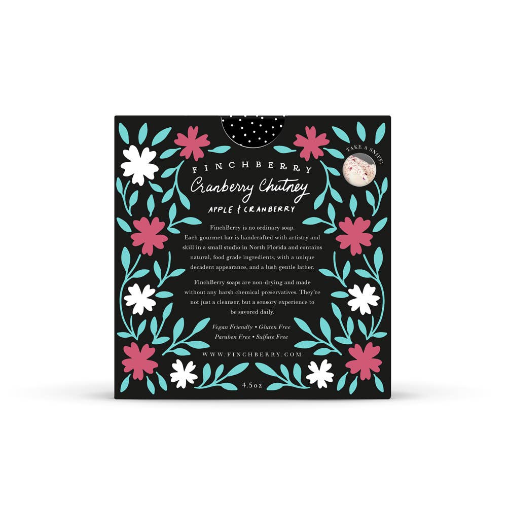 Finchberry Cranberry Chutney packaging with floral design on a white background